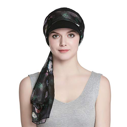 Alnorm Breathable Cotton Hat and Scarf Set Chemo Headwear for Women - color: Black Rose