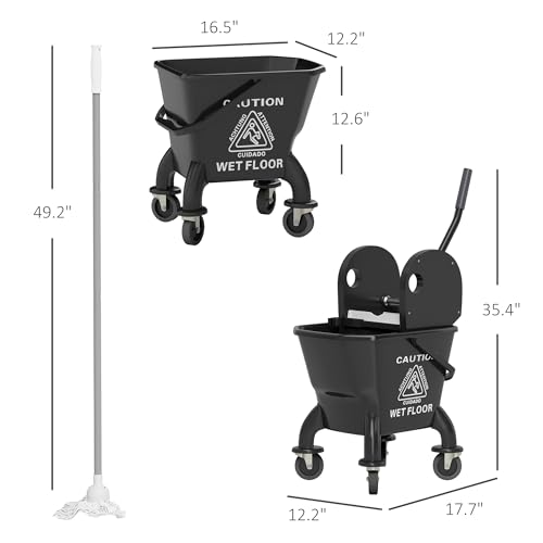 HOMCOM Mop Bucket with Wringer on Wheels, 27.5 Quart, with Mop, Black | Down Press Wringer, Handle and Mop, Floor Cleaning - color: Black, size: 27.5 Quart