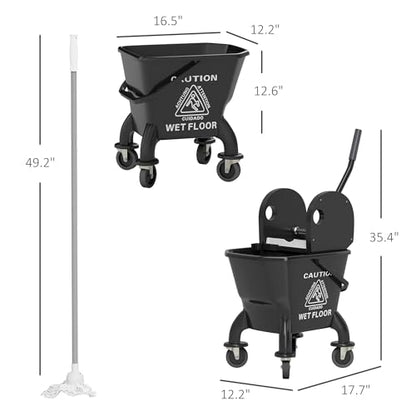 HOMCOM Mop Bucket with Wringer on Wheels, 27.5 Quart, with Mop, Black | Down Press Wringer, Handle and Mop, Floor Cleaning - color: Black, size: 27.5 Quart
