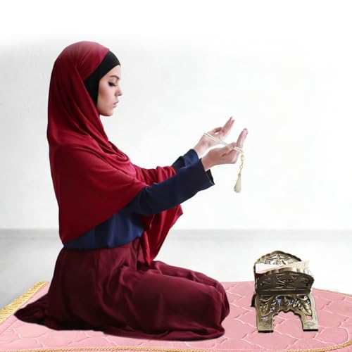 Muslim Prayer Rug with Tasbih Prayer Beads, Extra Thick Padded Non-Slip Islamic Prayer Matt,Turkish Praying Carpet Ottoman Blankets Ramadan Gift for Ramadan, Eid, Hajj, Travel, Pray（Pink） - color: Pink