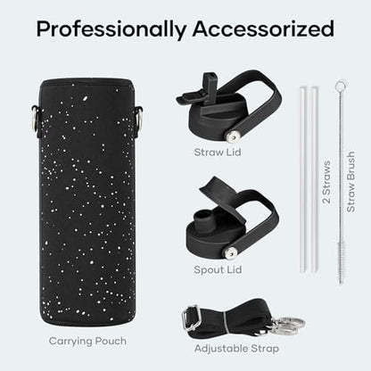 BUZIO 24 oz Insulated Water Bottle, Stainless Steel Wide Mouth Water Flask with Straw Lid, Cold for 48 Hrs Leak Proof Metal Hydro Thermo Canteen Mug, Starry Day & Night - color: Starry Day & Night, size: 24 Ounces