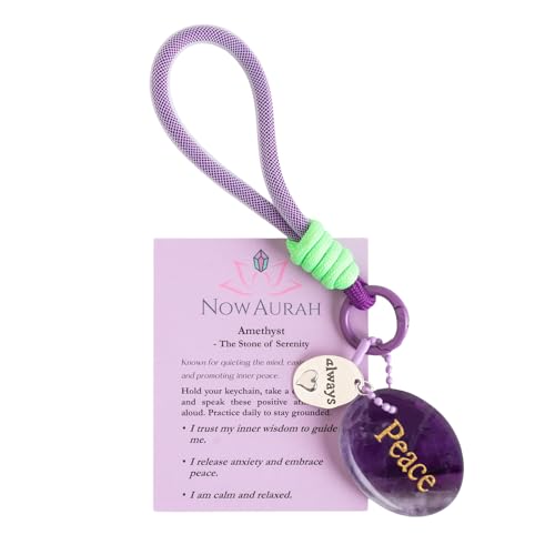Crystal Keychain Set - Natural Healing Stones with Affirmation Cards- Worry Stone Anxiety Relief Gift - color: Amethyst.