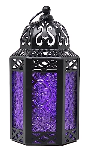 Vela Lanterns Decorative Indoor Moroccan Candle Holder Lamp, Purple, S | Gothic Home Decor, Whimsigoth Iron Goth Lamp, Hanging Witch Bedroom, Halloween Centerpiece, 8.5" Tall - color: Black/Purple, size: Small