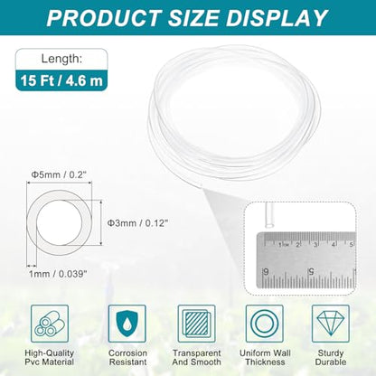 uxcell 1/8 Inch Clear PVC Tubing, 3mm ID x 5mm OD - 15ft PVC Tube Lightweight Vinyl Hose, Transparent Flexible Plastic Water Tubing for Air Oil Water Transfer Aquarium Irrigation - size: 3mm ID x 5mm OD
