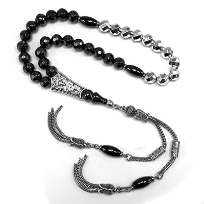 Design-Long & Stylist Tassels Collection Worry Beads-Prayer Beads-Tesbih-Tasbih-Tasbeeh-Misbaha-Subha-Sebha-Sibha-Rosary (Black and Silver Plated Hematite 8 mm 33 Beads & Bracelet) - color: -Faceted Black and Silver Plated Hematite 8 mm 33 Beads & Bracele