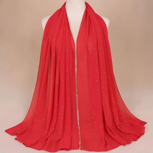 Premium Chiffon Hijab Rhinestone Long Scarf Shawl Wrap for Women Head scarf for Muslim Wedding Party Gift Packed - color: 001red