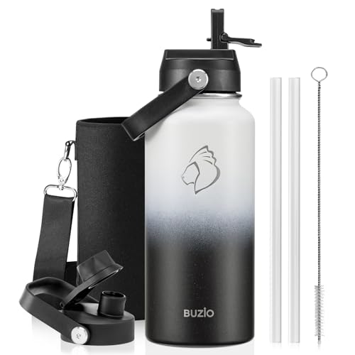 BUZIO 32 oz Water Bottle Insulated, Leakproof Stainless Steel Flask (Cold for 48 Hrs), Wide Mouth BPA-Free Metal Thermo Hydro Canteen with 2 Lids, Day & Night - color: Day & Night, size: 32 Ounces