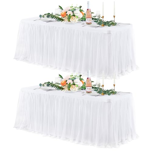 2 Pack White Tulle Tablecloths for 6 Foot Rectangular Tables, 6ft Wrinkle Free Spandex White Table Cover with Tutu Skirt for Wedding Bridal Shower Birthday Party Banquet Baby Shower Events Decorations - color: White, size: 72" x 30" (6FT - 2 Pack)