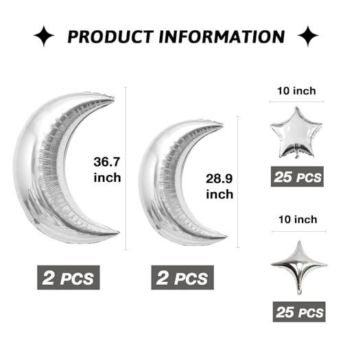 54Pcs Star Foil Balloons Moon Foil Mylar Balloons with 50Pcs Silver Star Balloons and 4Pcs Large Moon Foil Balloons for Baby Shower Christmas Anniversary Engagement Wedding Birthday Party Decoration - style: Silver Moon Star Balloons
