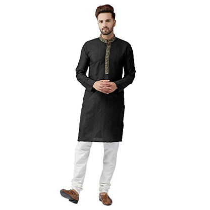 Sojanya (Since 1958 Men'S Teal Silk Blend Kurta Churidar Pyjama Set - color: Black and Off White, size: XX-Large