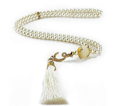BAYKUL Muslim Prayer Beads 99, Islamic Rosary with Silver Allah Muhammad Engraved Tasbih, Zikr Namaz Worship Ramadan Tesbih Bracelet - color: White Pearl