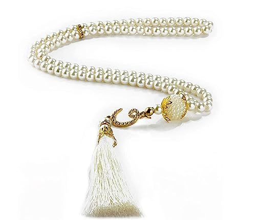 BAYKUL Muslim Prayer Beads 99, Islamic Rosary with Silver Allah Muhammad Engraved Tasbih, Zikr Namaz Worship Ramadan Tesbih Bracelet - color: White Pearl