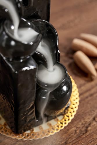 Unique Cascading Basins Ceramic Waterfall Incense Holder, Paired with a Pack of Backflow Incense Cones. (Black) - color: Black