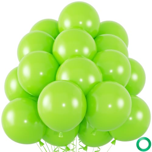 50pcs Lime Green Balloons, 12inch Light Green Latex Balloons Kit for Dinosaur Baby Shower Jungle Birthday Football Golf Party Decorations (With Ribbon & Adhesive Dots) - color: Apple Green