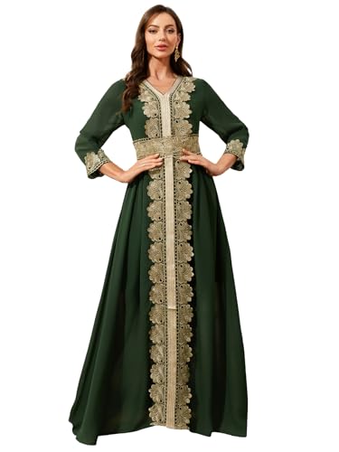Women Muslim Abaya Kaftan Dress Lace Ethnic Moroccan Dress Eid Prayer Clothes Arabian Maxi Robe - color: Dark Green, size: Medium