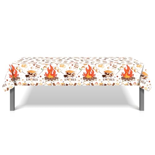 1Pc Camping Party Plastic Tablecloth 54 x 87 Inch Long Table Cover, Marshmallow Sandwich Party Tablecover for Bonfire Camp Theme Kids Baby Shower Birthday Dinner Picnic Kitchen Event - color: Camping