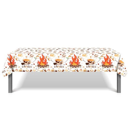 1Pc Camping Party Plastic Tablecloth 54 x 87 Inch Long Table Cover, Marshmallow Sandwich Party Tablecover for Bonfire Camp Theme Kids Baby Shower Birthday Dinner Picnic Kitchen Event - color: Camping