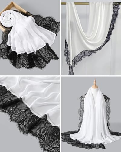 JUMISEE Elegant Floral Lace Hijab Scarf for Women Soft Cotton Head Wrap Instant Hijab Long Scarves Evening Dress Shawl - color: White With Black Lace Trim