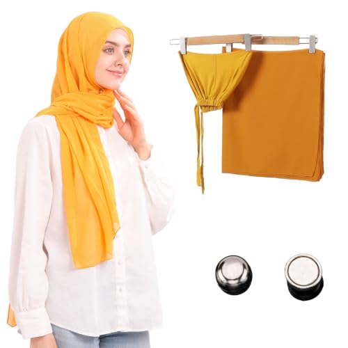 Jonglroy Muslim Chiffon Hijab magnets Head Scarf with Matching Tie Back Jersey Undercap - color: Yellow