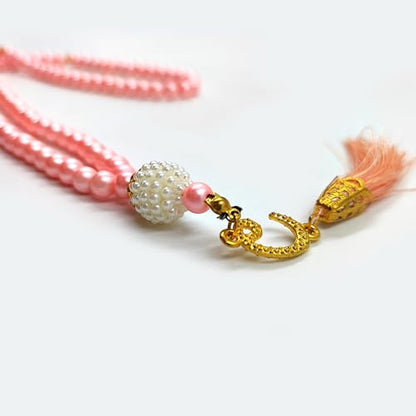 BAYKUL Muslim Prayer Beads 99, Islamic Rosary with Silver Allah Muhammad Engraved Tasbih, Zikr Namaz Worship Ramadan Tesbih Bracelet - color: Pink Pearl