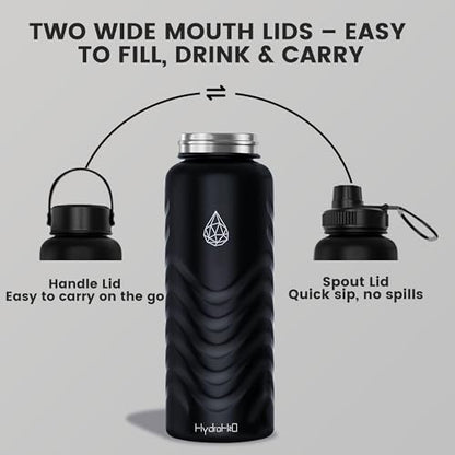 24oz Stainless Steel Insulated Water Bottle, 48H Cold & 24H Hot, Leak-Proof Wide Mouth Lids (Straw & Spout), BPA-Free Bottles, Mens Water Bottle for Gym, Hiking, Travel - Black - color: Black, size: 24 Ounces