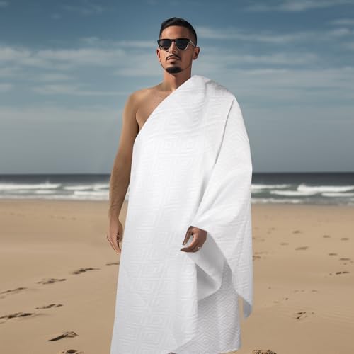 DIAOJIA® Muslim Men's Prayer Shawl,Pilgrimage Towel White Traditional Arabic Hajj Shawl, Polyester Terry Cloth Material, 110x210 cm, 2-Piece Set with Storage Bag (White)