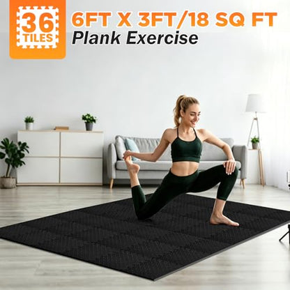 36 Tiles EVA Puzzle Exercise Floor Mats Set, Interlocking Foam Gym Tiles | 12.6"x12.6"x0.4", Water-Resistant Flooring for Home Gym, Workout Equipment, Kids' Play Areas, Garage Playroom - Black