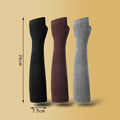 Bememo 3 Pairs Long Fingerless Gloves for Women Arm Warmers Unisex Arm Sleeves Knit Thumb Elbow Hole Stretchy Gloves Goth - color: Black, Light Grey, Coffee
