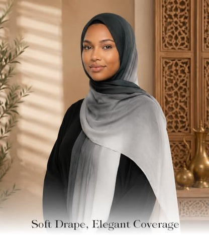 Ombre Modal Head Scarf for Women, Soft Lightweight Large Wrap Shawl, Hijab Style - color: Black - White