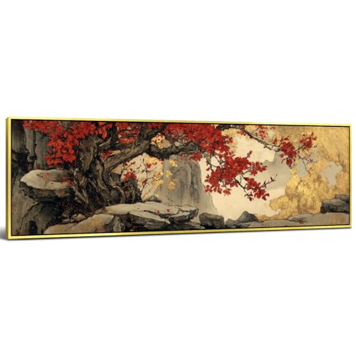Large Oriental Asian Wall Art Chinese Painting Wall Decor for Living Room Abstract Red Plum Blossom Landscape Picture Prints Watercolor Mountain Poster Canvas Artwork Home Office Decorations 14x48” - color: PlumFlower