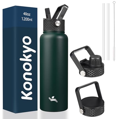 Konokyo 40oz Insulated Water Bottle Stainless Steel Sport Bottles with 3 Lids,Army Green - color: Army Green, size: 40 Ounces