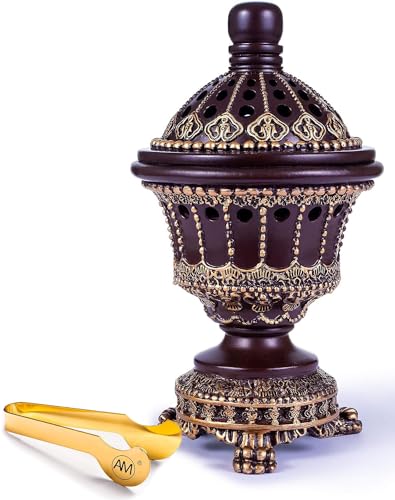 AM Charcoal Incense Cone Burner – Resin & Charcoal Holder for Bakhoor – Decorative Mabkhara Style Aroma Diffuser for Home, Office, Relaxation Spaces – Complete Set with Tongs (Brown)