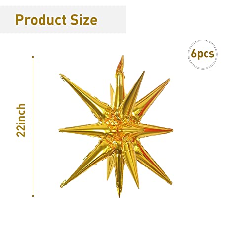 6 Pcs Gold Star Foil Balloons One-Piece 14-Pointed Star Balloon 4D Starburst Cone Mylar Balloon 22inch Christmas Birthday Wedding Wedding Anniversary Party Supplies(Gold) - color: 22 Inches Gold