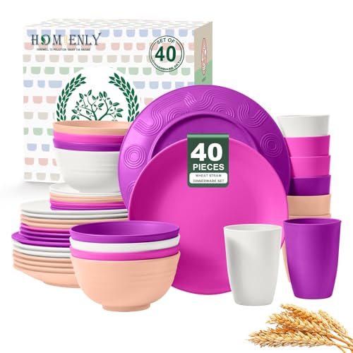 Homienly 40-Piece Wheat Straw Dinnerware Set, Reusable Plates and Bowls Sets, Alternative to Plastic Dishes Set-Dinner Plates with Textured Pattern, Bowls, Cups, Dishwasher Safe - Pink Flower - color: Pink Flower, size: 40 PCS