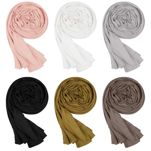 ZALIR 6 Pcs Women Muslim Head Scarf, Smooth Jersey Hijab Wrap, Solid Color Head Coverings, Long Soft Shawl for Daily Wear