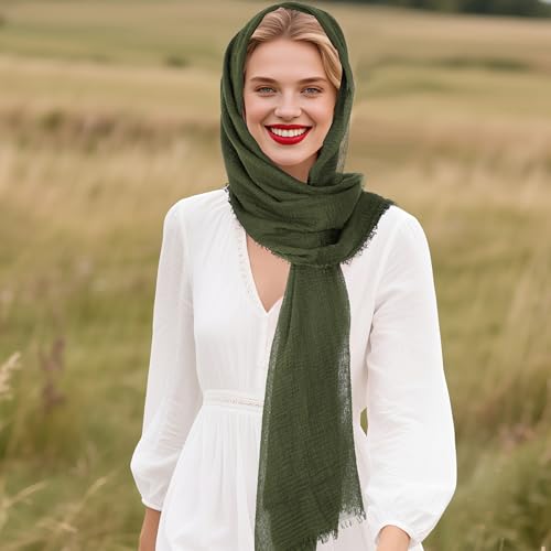 Nydotd Women Summer Cotton Linen Scarf Crinkle Long Beach Shawl Wrap hijab with Fringe - color: Army Green