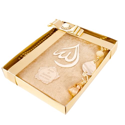 IEF Personalized Yaseen Dua Book Prayer Beads Islamic Gift Set, Ramadan Eid Wedding Birthday Anniversary Mother's Day Father's Day Gifts, Party Favors for Guests (Style-1) | Personalized Velvet Dua Book and Tasbeeh set - color: Gold