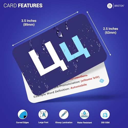 Briston Russian Alphabet Flash Cards – Learn Cyrillic Letters with Pronunciation & Transliteration – Educational Language Learning Flashcards for Kids & Adults, 33 Cards + Alphabet Chart