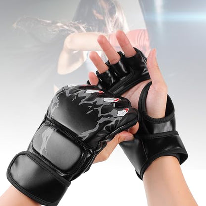 MMA Gloves Grappling Sparring, Half Finger Boxing Fight Gloves, Open Palm Martial Arts Mitts Men Women Boxing Gloves for Sanda Sparring Punching Bag Training - color: Black
