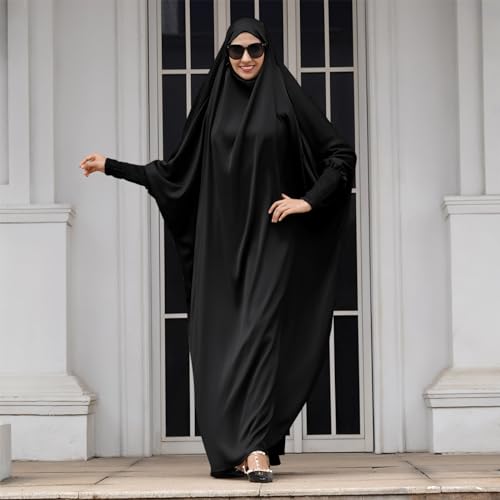 IDOPIP Muslim Abaya for Women One Piece Long Sleeve Islamic Prayer Dress with Hooded Hijab Maxi Kaftan Robe Modest Clothes - color: Black