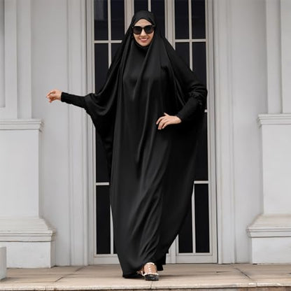 IDOPIP Muslim Abaya for Women One Piece Long Sleeve Islamic Prayer Dress with Hooded Hijab Maxi Kaftan Robe Modest Clothes - color: Black