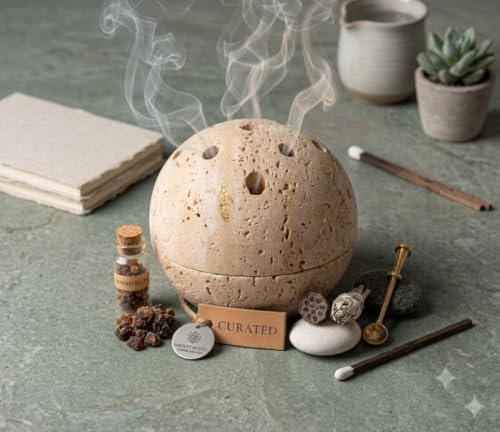 Handmade Travertine Stone Incense Resin Burner Holder – Natural Stone Incense Burner with Brass Insert for Home Decor & Relaxation - color: Light Beige 1