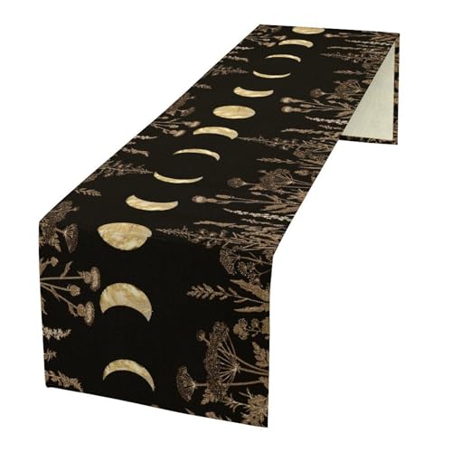 Wildflower Moon Phase Table Runner, Retro Black Gold Dark Floral Botanical Plant Leaves Theme Table Runner for Kitchen Dinning Bedroom Table Decor Home Party Holiday, 13x36 Inch - color: Moon Phase-9, size: 13"W x 36"L