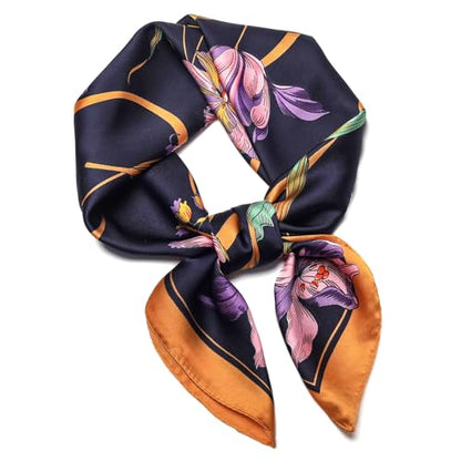 Stlvoll 27.5" Silk Neck Scarf of Women's Fashion Head Scarf Square Neck Satin Scarfs for Bag Hair Scarves Gift - color: Flower/Gold/Black/Purple