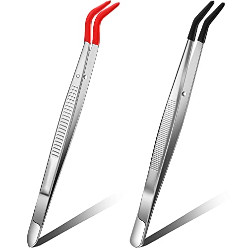 Honoson 2 Pieces Tweezers Curved Bent Tip Tweezers with Rubber Silicone Tips PVC Coated Non Marring Soft Long Rubber Stainless Steel Tools for Jewelry Crafts(Red, Black) - color: Red, Black
