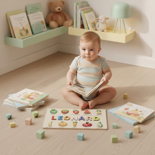 Personalized Name Puzzle for Toddlers 1-3, Customized Baby Girl Gift, Custom Baby Boy Gift, Wooden Name Puzzle for Kids, Custom Baby Stuff, Baby Nursery Room Decor - Set 4 - style: Fruits - 10 Figures