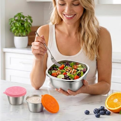 Stainless Steel Salad Bowls to go for Lunch Container Kit, 50oz 1 Set | 1500ML/ 50oz/ 6Cup 1 Pack Salad Bowls, 2 Dressing Container Cups Sets with Lids, Airtight, Leak-proof for Meal Prep - style: 1 Set