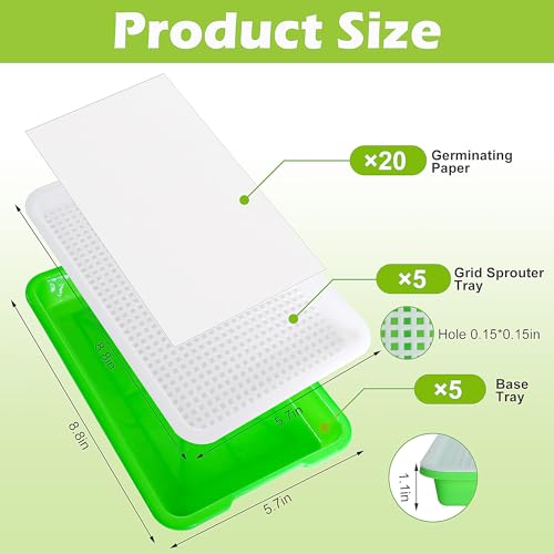 EBaokuup 5 Pcs Seed Sprouter Tray with Drain Holes - BPA Free Seed Germination Propagation Trays, Soil-Free Wheatgrass Bean Sprouts Microgreens Growing Kit with Germinating Paper - color: Green,5pack