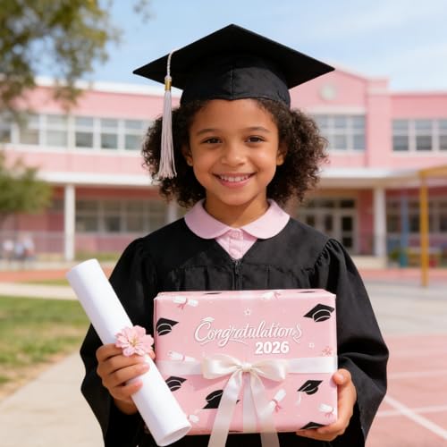 Cuitpan 2026 Graduation Wrapping Paper - 4 Jumbo Sheets,28x40 Inches, Pink Cap & White Diploma Design, Gift Wrap for Graduates, Graduation Parties, Seniors, School Events - color: Pink-Graduation