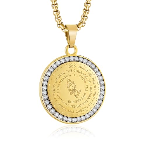 Serenity Prayer Necklace Praying Hands Coin Pendant for Men Women - color: D:Gold